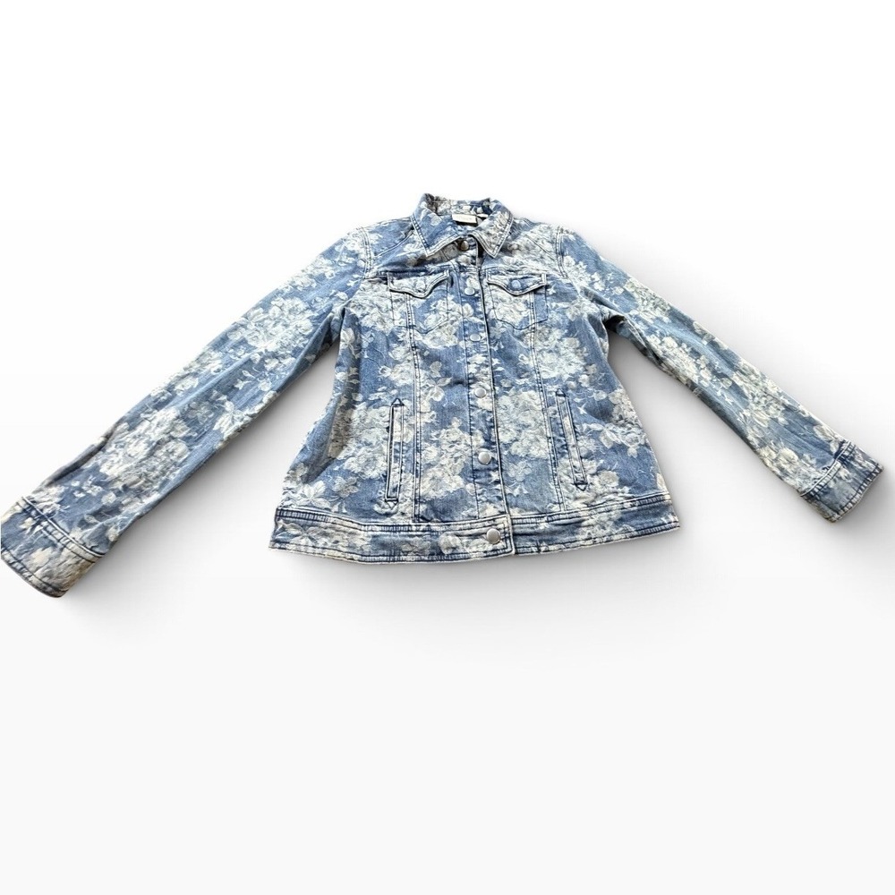 Womens Blue White Floral Denim Trucker Jacket Medium Wash Jean Jacket Size 8/M
